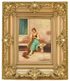 'VILLAGE WOMAN WITH NEEDLEWORK' OIL PAINTING BY DE BLAAS