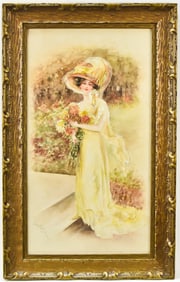 AAKER PORTER 'WOMAN WITH FLOWERS' WATERCOLOR PAINTING