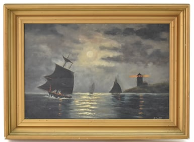 ISABELLE HOLLISTER TUTTLE 'NANTUCKET NOCTURNAL BAY SCENE' OIL PAINTING