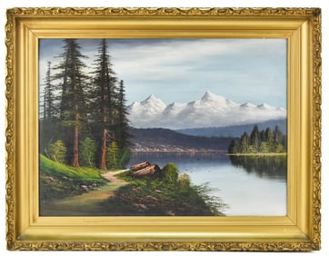 ROBERT WOOD 'RIVERSIDE LANDSCAPE WITH MOUNTAIN VIEW' OIL PAINTING
