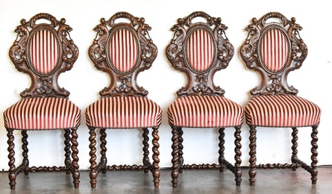 FOUR FRENCH ALSATIAN BLACK FOREST CARVED DRAGON OAK DINING CHAIRS