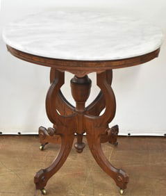 VICTORIAN WALNUT EASTLAKE OVAL MARBLE TOP PARLOR TABLE