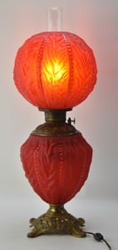 VICTORIAN CRANBERRY SATIN GLASS 'GONE WITH THE WIND' TABLE LAMP