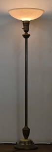BRASS TORCHIERE FLOOR LAMP WITH MILK GLASS SHADE: Circa 1920s-30s brass torchiere with onyx accent on base and milk glass floral shade. Measures 59.5" H.