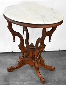 VICTORIAN RENAISSANCE REVIVAL OAK MARBLE-TOP OVAL PARLOR TABLE
