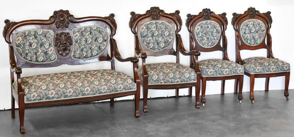 VICTORIAN MAHOGANY PARLOR FUNITURE SET: SETTEE, ARMCHAIR, AND TWO ACCENT CHAIRS