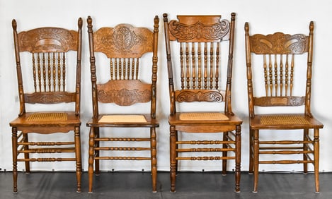 FOUR VICTORIAN OAK PRESS BACK CHAIRS