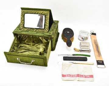 VICTORIAN VELVET SHAVING BOX WITH GROOMING ACCESSORIES