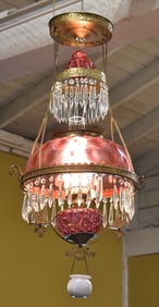 VICTORIAN TWO-TIERED CRANBERRY GLASS CHANDELIER WITH SMOKE BELL & MATCH HOLDER.