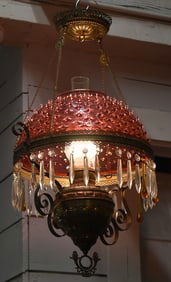 VICTORIAN BRASS & CRANBERRY HOBNAIL GLASS CHANDELIER