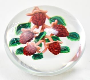 KEN ROSENFELD RASPBERRIES ART GLASS PAPERWEIGHT