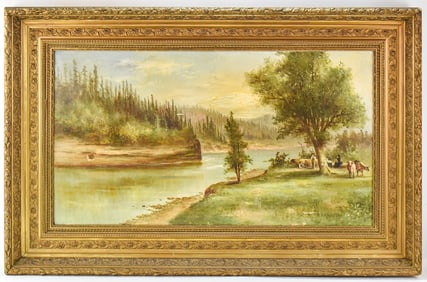 MEYER STRAUS 'RIVERSIDE LANDSCAPE' OIL PAINTING