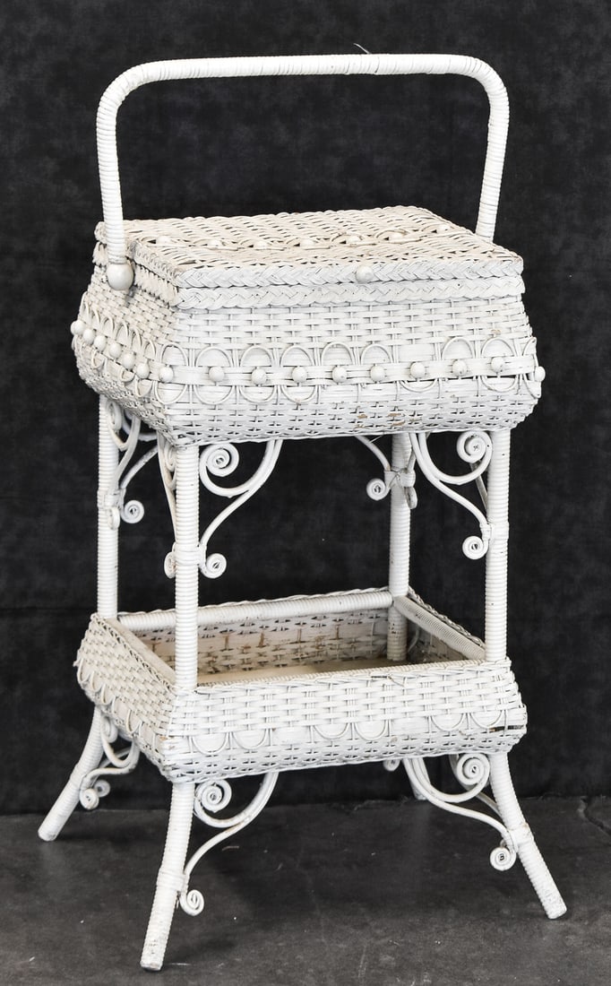 EARLY 20TH CENTURY WHITE WICKER SEWING STAND