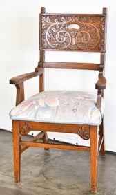 ANTIQUE CARVED WALNUT ARM CHAIR