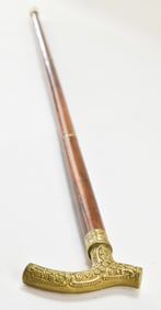 VINTAGE GADGET CANE WITH BRASS REPOUSSE HANDLE, 20TH CENTURY