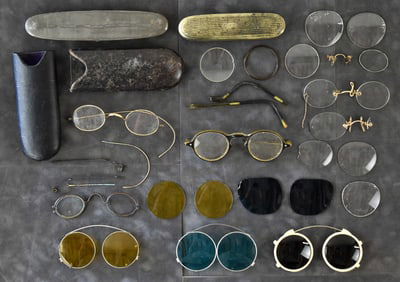 VINTAGE CLIP-ON GLASSES, VICTORIAN FRAMES AND LEATHER/METAL EYEGLASS CASES, AND MORE