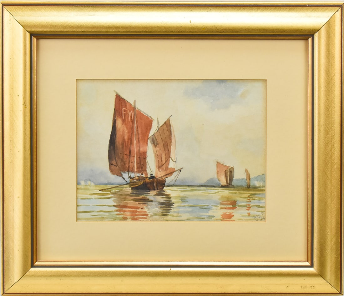 'SAIL BOATS AT SEA' WATERCOLOR PAINTING BY DMF: Original watercolor painting on paper featuring a trio of sailboats at sea, signed 'DMF' lower right & dated 11/04. Art measures 6.5" h x 8.5" w presented in a frame measuring 13" x 15.5".