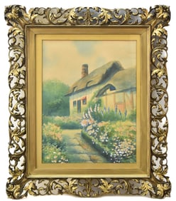 FRANCIS RANG 'THATCHED-ROOF COTTAGE & GARDEN' WATERCOLOR PAINTING