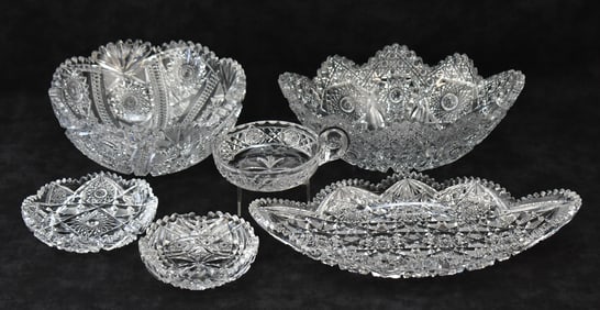 SIX PIECES OF CUT GLASS: SERVING DISHES & LOW BOWLS