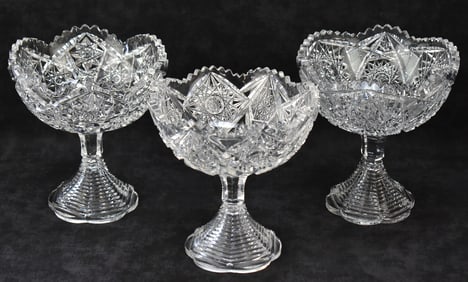 THREE BRILLIANT CUT GLASS PEDESTAL COMPOTE BOWLS
