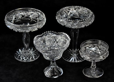 FOUR PEDESTAL CUT GLASS SHALLOW COMPOTES