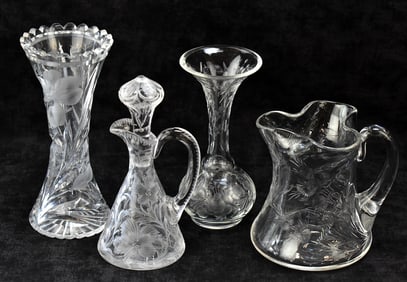 FOUR ETCHED AND CUT GLASS FLORAL DESIGN PIECES: VASES, DECANTER & PITCHER