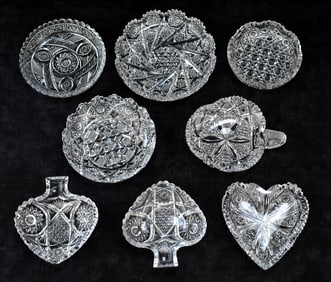 EIGHT BRILLIANT CUT GLASS DISHES: PLAYING CARDS, HEART-SHAPED & MORE