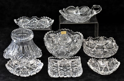 EIGHT BRILLIANT CUT GLASS BOWLS: LIBBEY & MORE