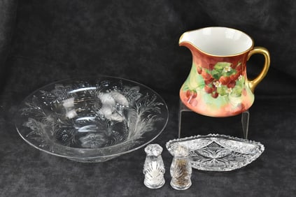 ASSORTMENT OF CUT GLASS AND CHINA: SERVING BOWL, SALT & PEPPERS, LIMOGES (ATTR. ) STRAWBERRY