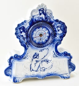 CONTEMPORARY PORCELAIN FLOW BLUE NUDE MANTLE CLOCK