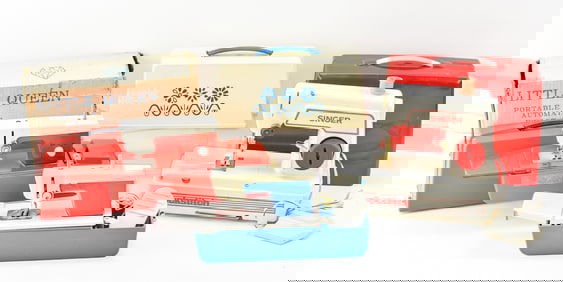 THREE TOY SEWING MACHINES WITH CARRYING CASES: CRYSTAL 'LITTLE QUEEN', LOCKSTITCH, AND MORE