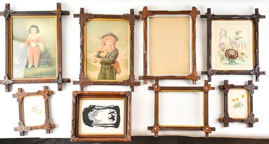 COLLECTION OF HAND CARVED BLACK FOREST FRAMES WITH PRINTS