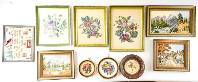COLLECTON OF FRAMED LANDSCAPES & FLORAL NEEDLEPOINTS