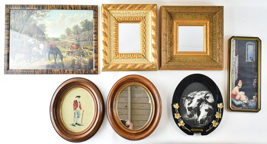 COLECTION OF FRAMED MIRRORS, PRINTS & NEEDLEPOINTS