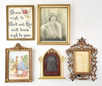 PAIR OF BRASS & BRONZE VICTORIAN PICTURE FRAMES & MIXED ART