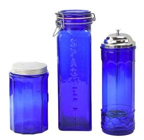 ASSORTED COBALT BLUE GLASS LIDDED CANISTERS