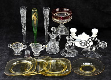 TIFFIN ETCHED GLASS TRUMPET VASES, FOSTORIA 'AMERICAN' CANDELABRA', FENTON 'DAISY & BUTTON'