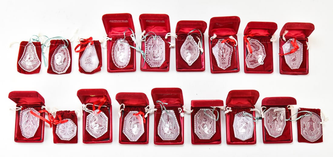 COLLECTION OF WATERFORD CRYSTAL TWELVE DAYS OF CHRISTMAS ORNAMENTS 1978-1995: A collection of annual Waterford Crystal "12 Days of Christmas" ornaments complete from 1978-1995, most of which include the original boxes.