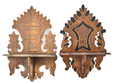 TWO VICTORIAN CARVED HANGING CANDLE SHELVES