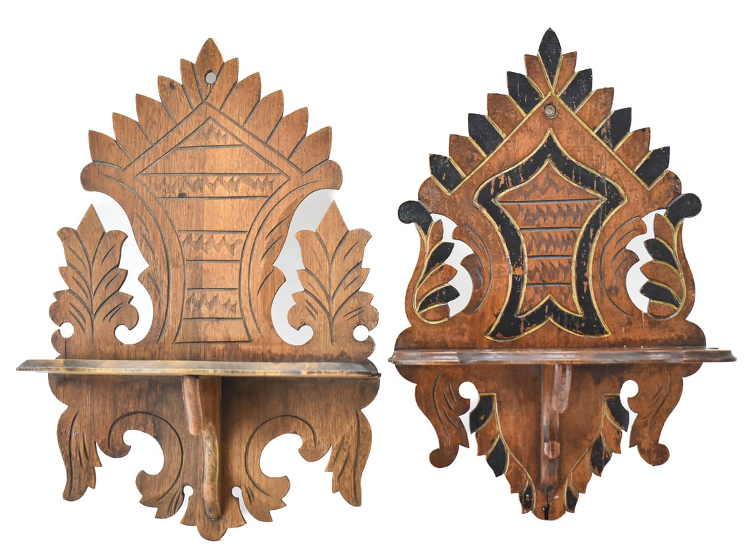 TWO VICTORIAN CARVED HANGING CANDLE SHELVES (1 of 2)