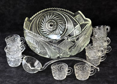 LE SMITH 'AZTEC' PATTERN GLASS PUNCH BOWL SET