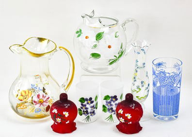 ASSORTED HAND-PAINTED GLASSWARE