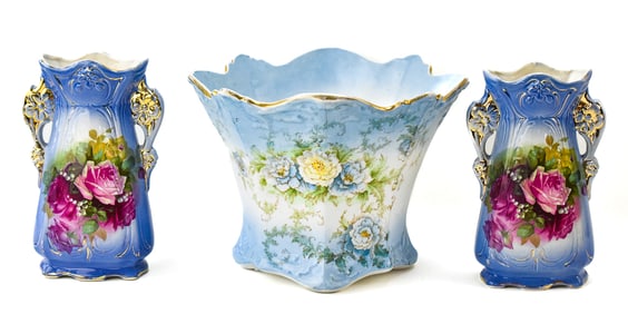 GILDED FLORAL BONE CHINA JARDINIERE & PAIR OF VASES