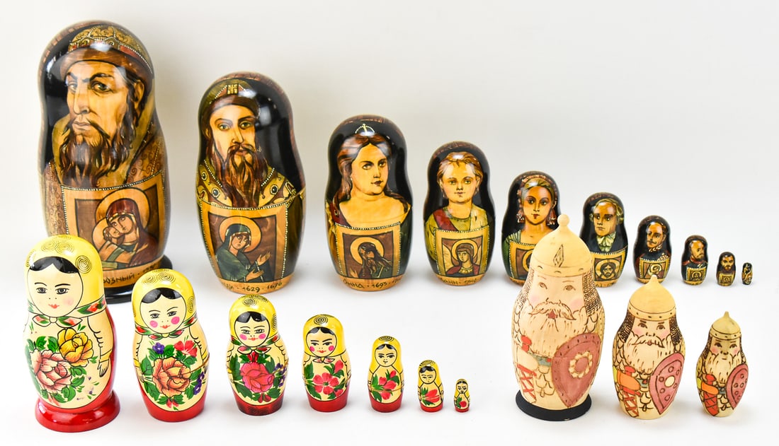 THREE RUSSIAN MATRYOSHKA NESTING DOLLS: Includes an "Ivan the Terrible" 10" H Russian nesting doll by artist Sirova with 1992 documentation, and two additional nesting dolls measuring 6.5 and 7" H.