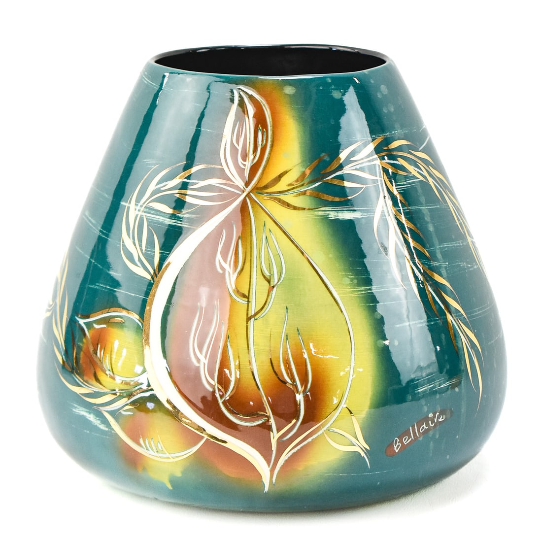 MIDCENTURY MARC BELLAIRE CERAMIC VASE: A signed midcentury Marc Bellaire hand-decorated ceramic vase measuring 7.25 inches in height.