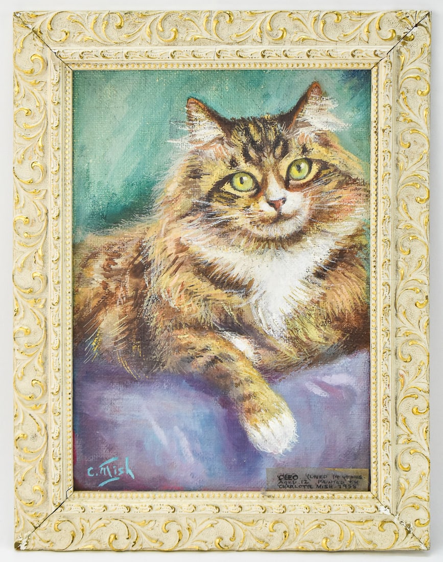 CHARLOTTE MISH 'CLEO' OIL PAINTING: Original "Cleo" cat's oil portrait on canvas board by listed Oregon artist, Charlotte Roberta Mish (1896 – 1974), signed lower left with note lower right describing "Cleo", the portrayed cat. Stampe
