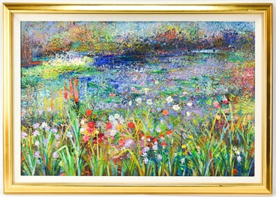 OSCAR FLORES FIOL LAKESIDE GARDEN OIL PAINTING