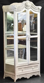 TALL ANTIQUE WICKER CABINET WITH GLASS DOORS