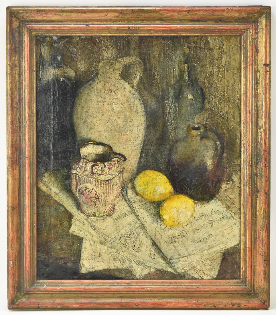 JERRY FARNSWORTH 'LEMONS, JUGS & MUSIC' STILL LIFE OIL PAINTING: Original still life oil painting on canvas by listed artist, Jerry Farnsworth (MA, FL, 1895 - 1982). Titled "Lemons, Jugs and Music" on the verso, "exhibited 1928-Massachusetts". A