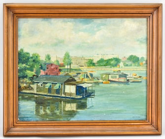 HOUSEBOAT SCENE OIL PAINTING BY MANNING